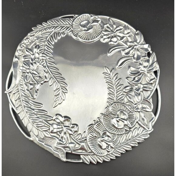 Fitz And Floyd Silver-Plated Floral Serving Tray With Engraved Orchid Design - Picture 2 of 8
